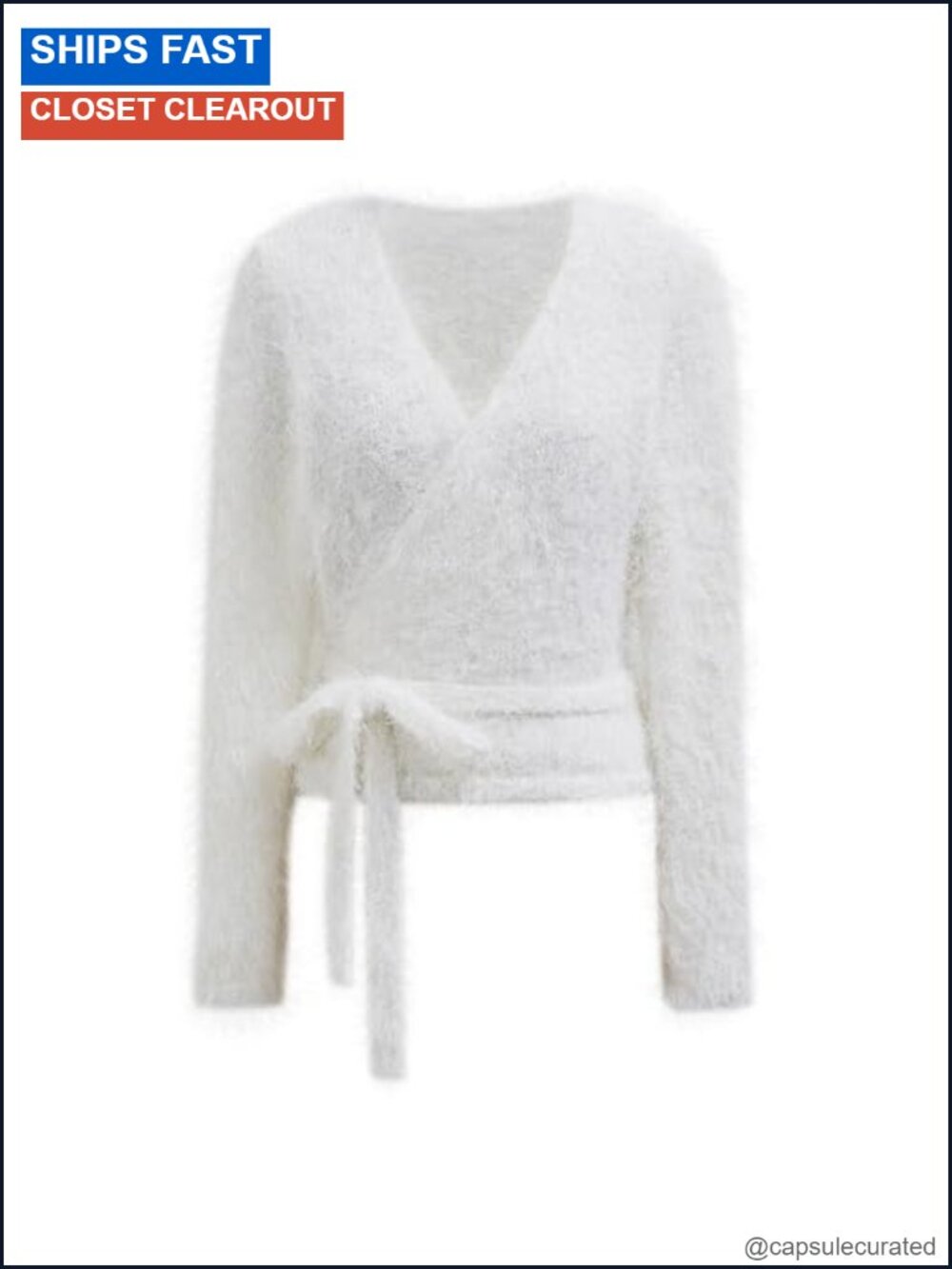 Fuzzy V Neck Wrap Knit Top Tie Waist Long Sleeve Pullover Sweater